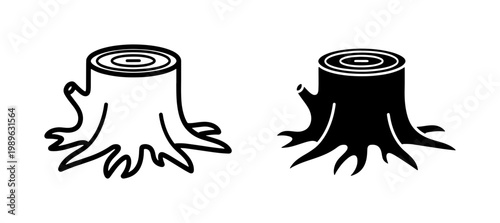 Tree stump icon set with wood rings and roots