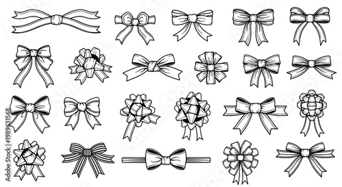 Bows hand drawn set with various styles and designs for decorative purposes featuring ribbon, gift wrapping, elegant with stylish and festive