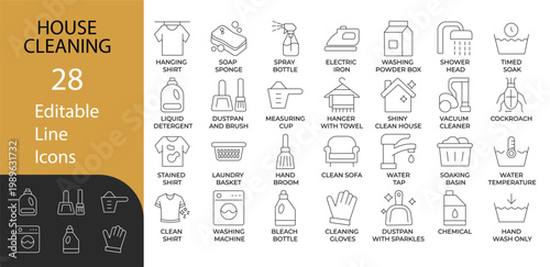 House cleaning and laundry line icon set. Contains symbols for garment care, home hygiene, washing machine, and disinfection. Vector design for housekeeping services and workflow.