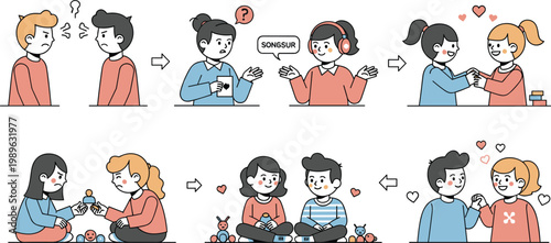 Couple relationship stages from conflict to reconciliation love communication emotional bonding and dating scenes flat vector illustration storytelling set