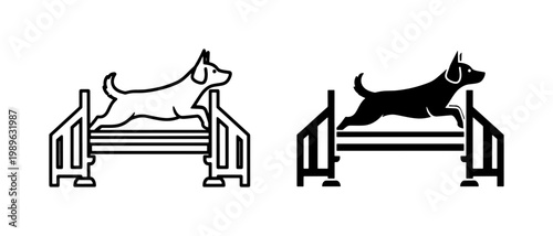 Dog Agility Training Icon Set Jumping Over Hurdle