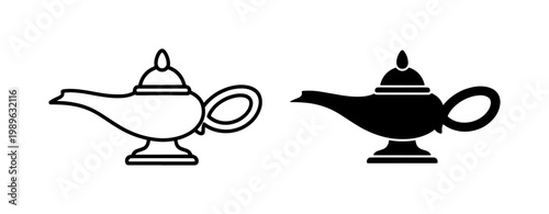 Magic Aladdin Lamp Outline and Black Silhouette Icon Set