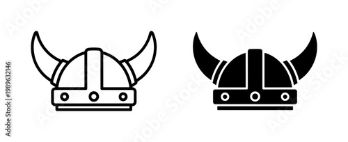 Viking helmet icon set with horns in outline and solid style