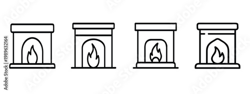 Fireplace web line icons set home hearth interior fire burning stove chimney heater furnace equipment web line icons set & more vector illustration on editable stroke