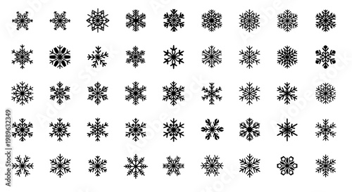 Snowflake pattern set with intricate winter rosette designs, crisp monochrome vector icons for holiday cards and decorations