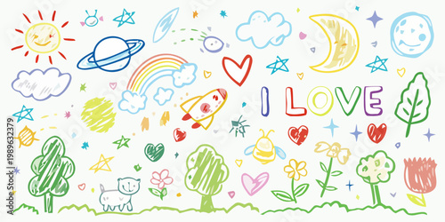 A childish drawing of various colorful objects and symbols fills the sky with trees and flowers in the foreground.