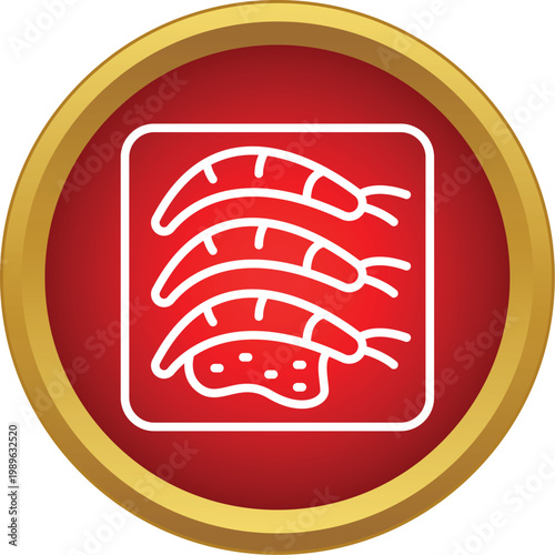 Ebi nigiri sushi vector icon in a red circle with a gold frame