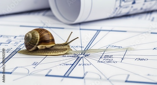 Snail moving slowly across architectural blueprints on a desk