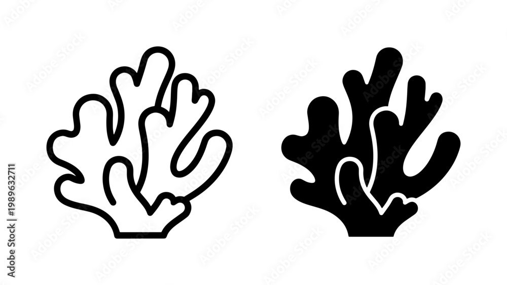 Fototapeta premium Coral Reef Icon Set in Outline and Solid Black Style