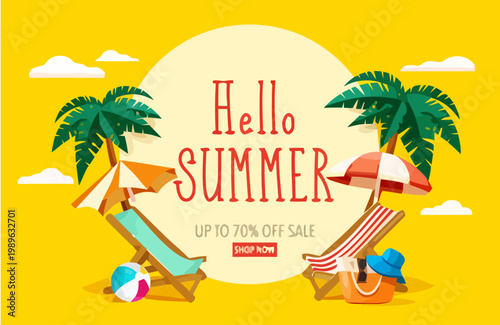 Vibrant summer sale advertisement with beach chairs and palm trees on sunny background