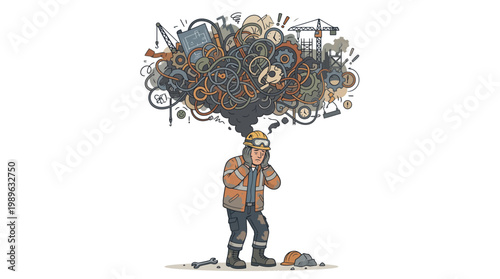 Overwhelmed construction worker with chaotic thoughts.