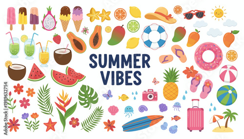 Summer vibes with colorful icons of tropical fruits, drinks and travel accessories on beach
