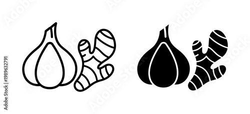 Garlic and Ginger Root Linear Silhouette Icon Set