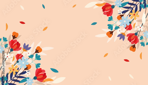 Vibrant Floral Patterns Unfold in a Lively Display of Colorful Blooms and Leaves on a Soft Peach Background with Abstract Illustrations