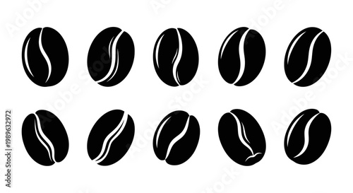 Collection of Black Coffee Beans Isolated on White Background, Top View