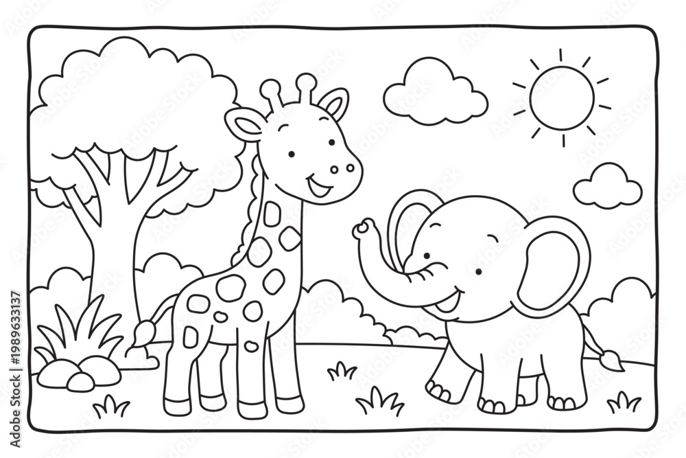 Fototapeta premium Happy Safari Animals Scene – Giraffe and Elephant Coloring Page for Kids