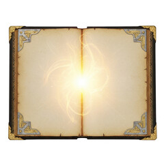 An open book with golden decorative borders and a glowing light in the center isolated on transparent background