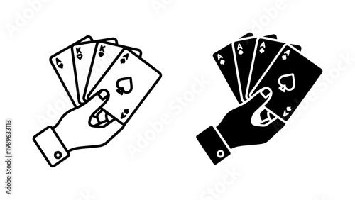 Hand holding playing cards icon set in black and white