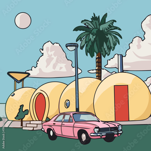 A pink car parks in front of colorful domed houses under a bright sun with palm trees and streetlights on a green lawn