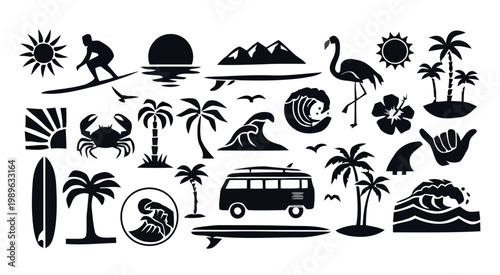 A tropical beach scene with various icons including palm trees, surfer, flamingo, and van.