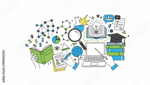 A student explores educational resources on a laptop surrounded by books and icons.