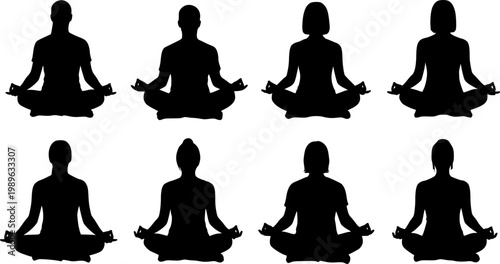 Eight black human silhouettes, featuring diverse male and female figures, sitting calmly in a traditional lotus, isolated on white background
