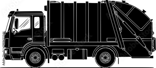 Black silhouette of a garbage truck against a isolated on white background
