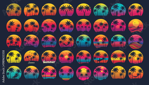 Vibrant tropical sunset scenes in colorful circular frames on a dark background with palm trees and beach elements