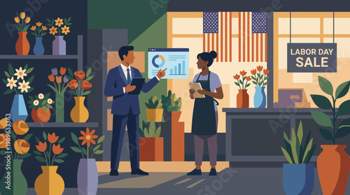Business Owner and Florist Reviewing Sales Data for Labor Day Sale