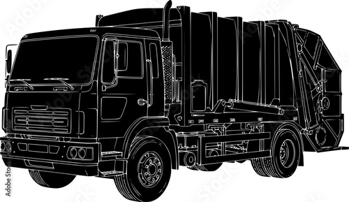 Black silhouette of a garbage truck against a isolated on white background
