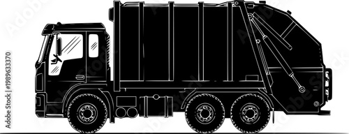 Black silhouette of a garbage truck against a isolated on white background
