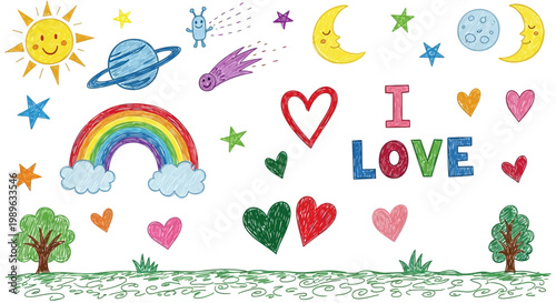 Children's drawing of love symbols and celestial objects in a green landscape