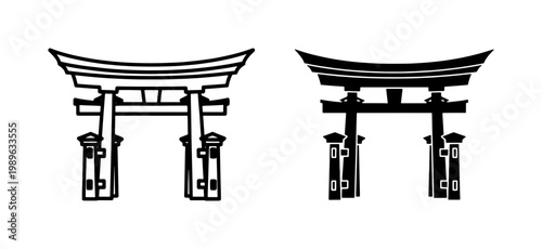 Japanese Torii Gate Silhouette and Outline Vector Set