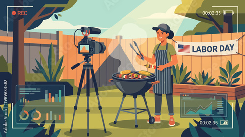 Woman filming Labor Day BBQ vlog in backyard illustration