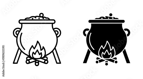 Witch Cauldron Icon Set with Boiling Magic Potion over Fire