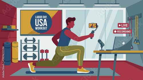 Man Livestreaming Labor Day USA Workout Session in Home Gym
