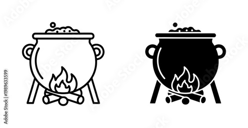 Witch Cauldron Boiling Over Campfire Icon Set
