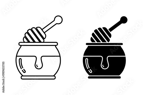 Honey pot and wooden dipper icon set