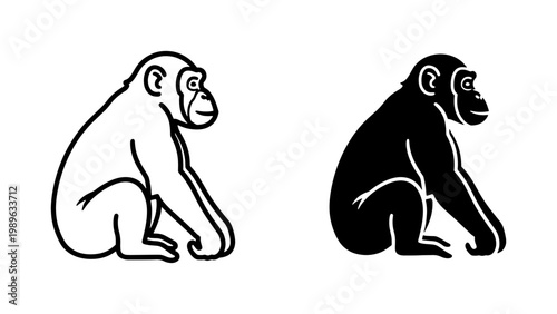 Chimpanzee sitting profile line art and silhouette vector