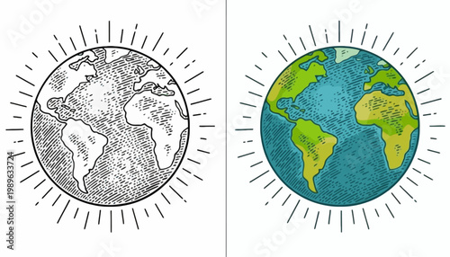 Earth from space contrasting black and white and color illustrations side by side