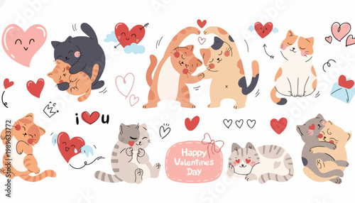 Cats and dogs celebrate Happy Valentine's Day with hearts and love symbols