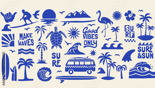 A vibrant collection of tropical illustrations featuring a van, palm trees, and surfboards on a sunny beach with various signs and animals.