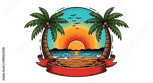 Vibrant sunset scene with palm trees standing on sandy beach by ocean