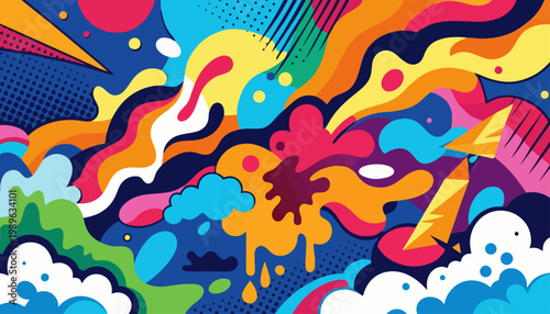 Vibrant colors explode in a dynamic abstract artwork with swirling shapes and patterns.