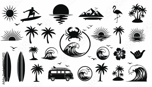 A serene beach scene with surfers riding waves near palm trees and a van driving by.