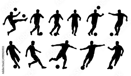 Dynamic soccer player silhouettes vector set with football action poses collection