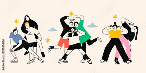 People dancing energetically outdoors with dynamic movements and colorful attire on a saksh inspired scene