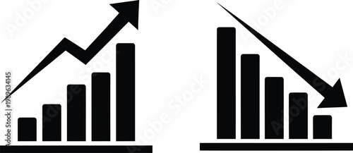 Business growth and decline bar chart icons on white background with business