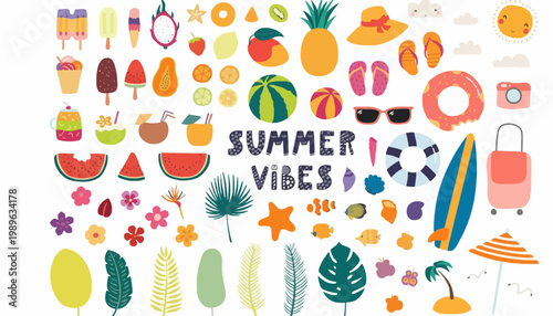 Vibrant summer icons and objects arranged in a lively colorful pattern