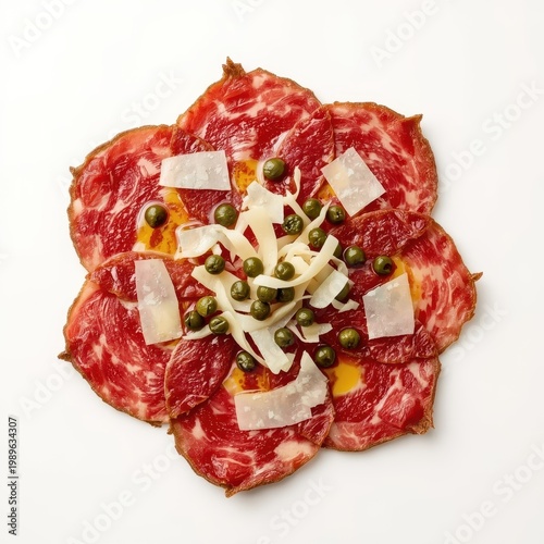 Thinly sliced beef carpaccio topped with capers, shaved parmesan cheese, and a drizzle of olive oil. Generative AI